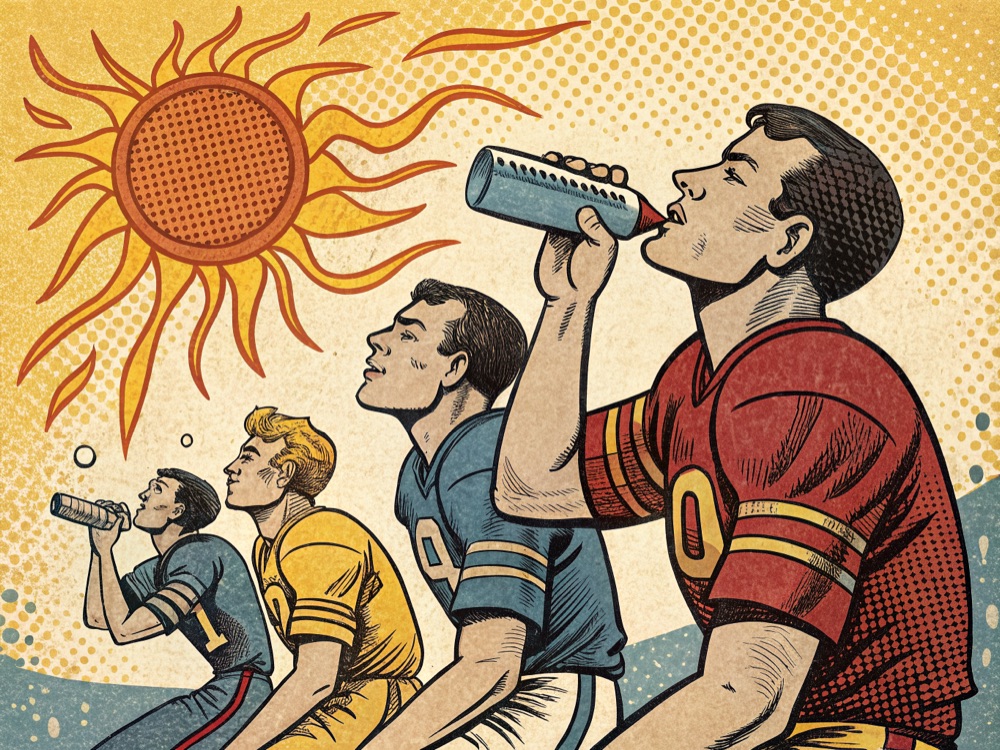 Serieruta: spelare dricker vatten i stekande sol